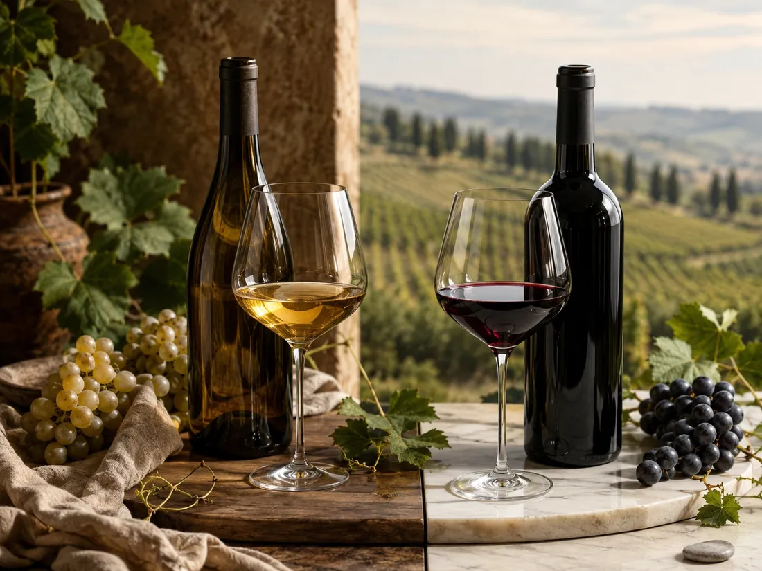 Bio and conventional wine bottles with glasses on a table overlooking vineyards