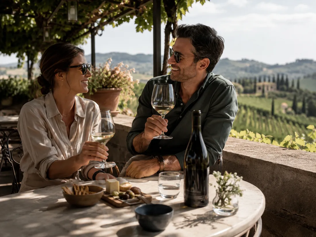 Two people tasting organic wine on a winery terrace overlooking vineyards
