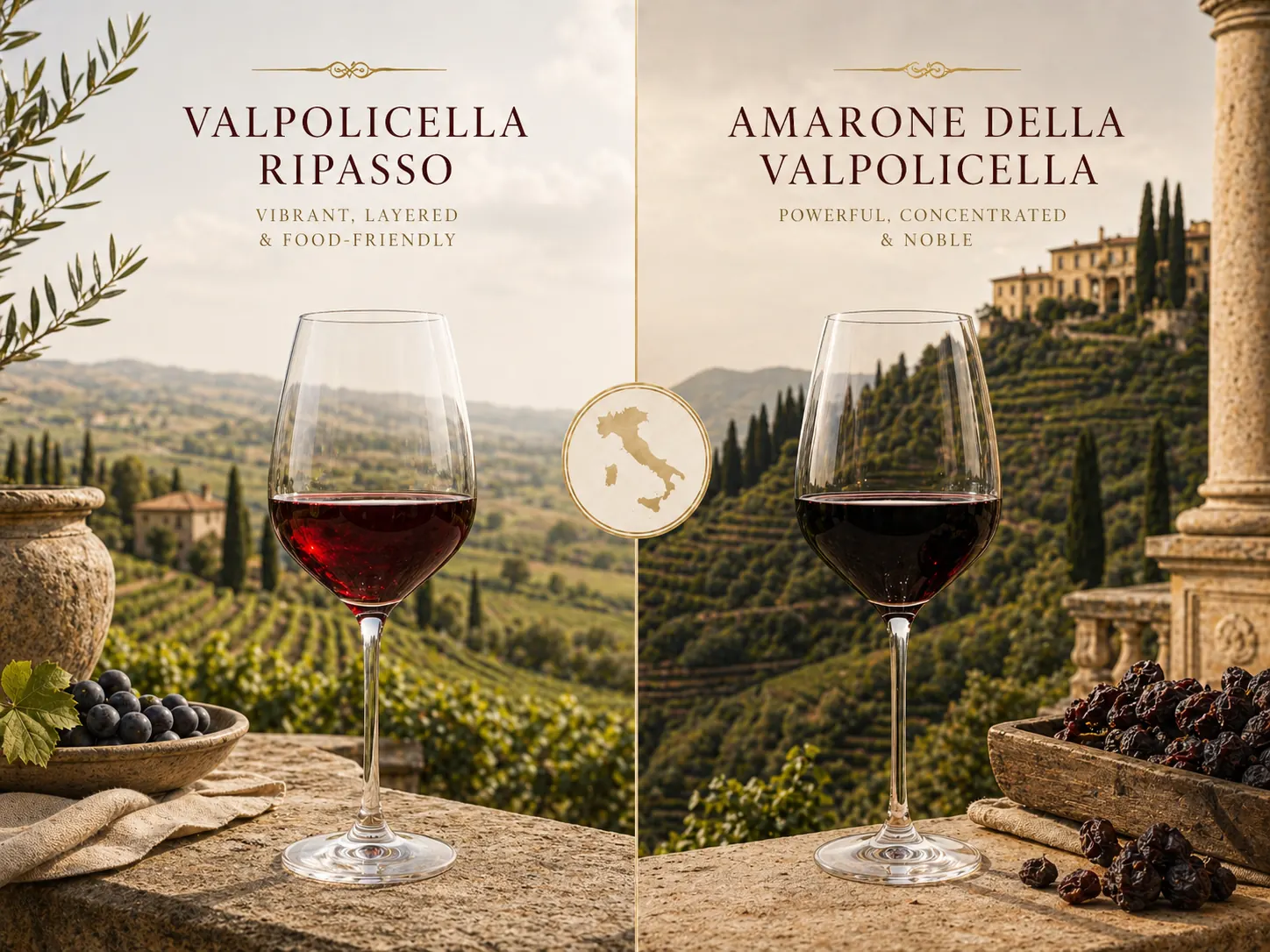 Two glasses of Valpolicella red wine comparing Amarone and Ripasso