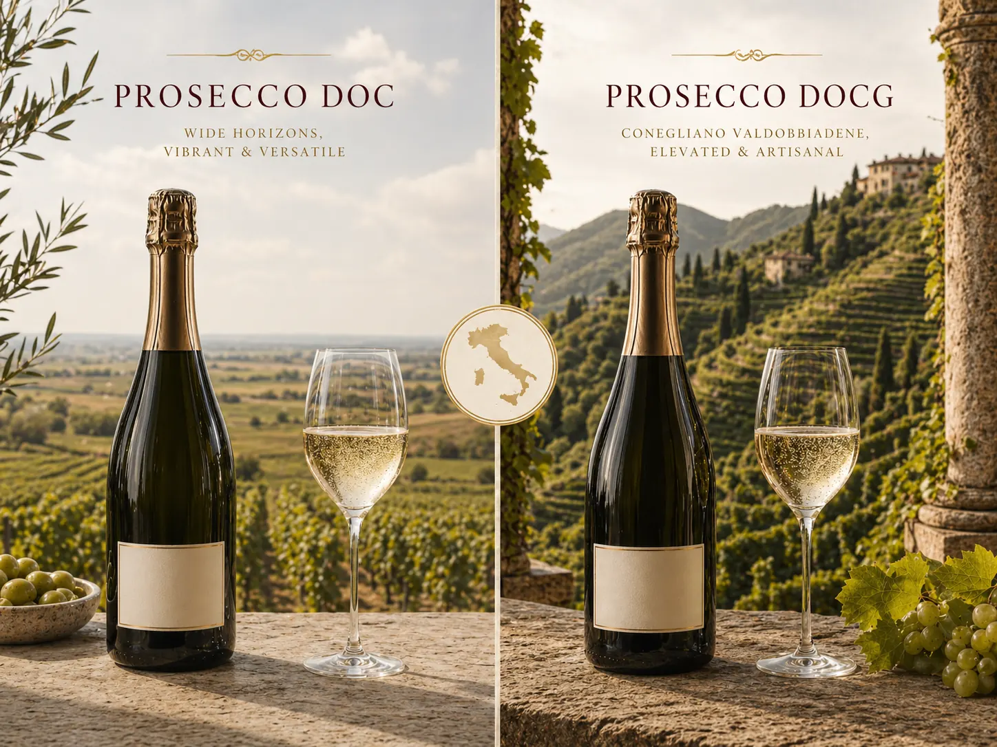 Prosecco bottle and glass representing the difference between DOC and DOCG