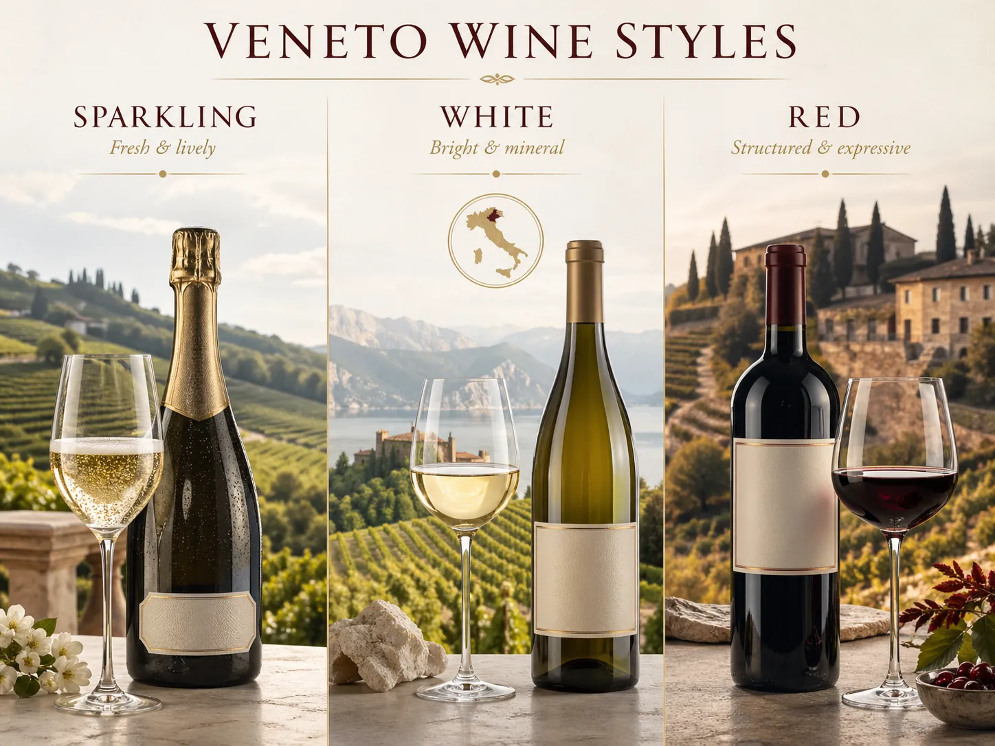 Selection of Veneto wines including sparkling, white, and red styles