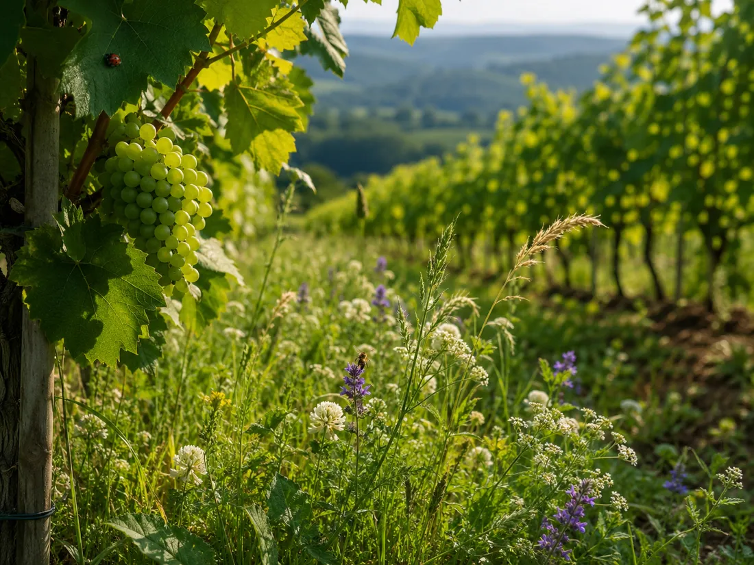 Organic vineyard close-up with grape clusters, wild plants, and biodiversity between vine rows