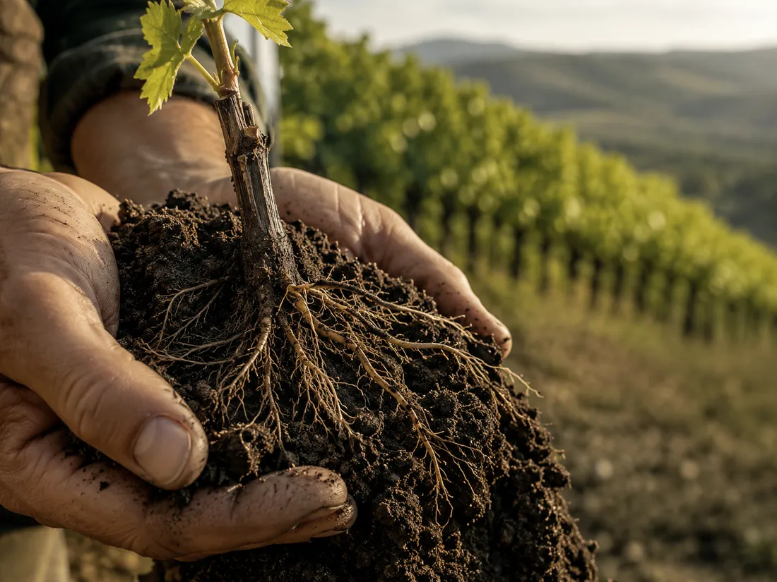 Hands holding vine roots and vineyard soil to show terroir and soil health