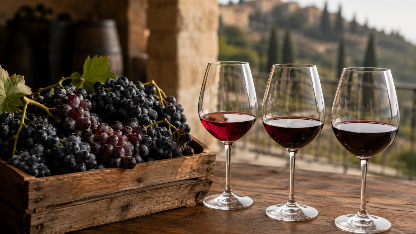 Dark Veneto red grapes with glasses of Valpolicella-style red wine