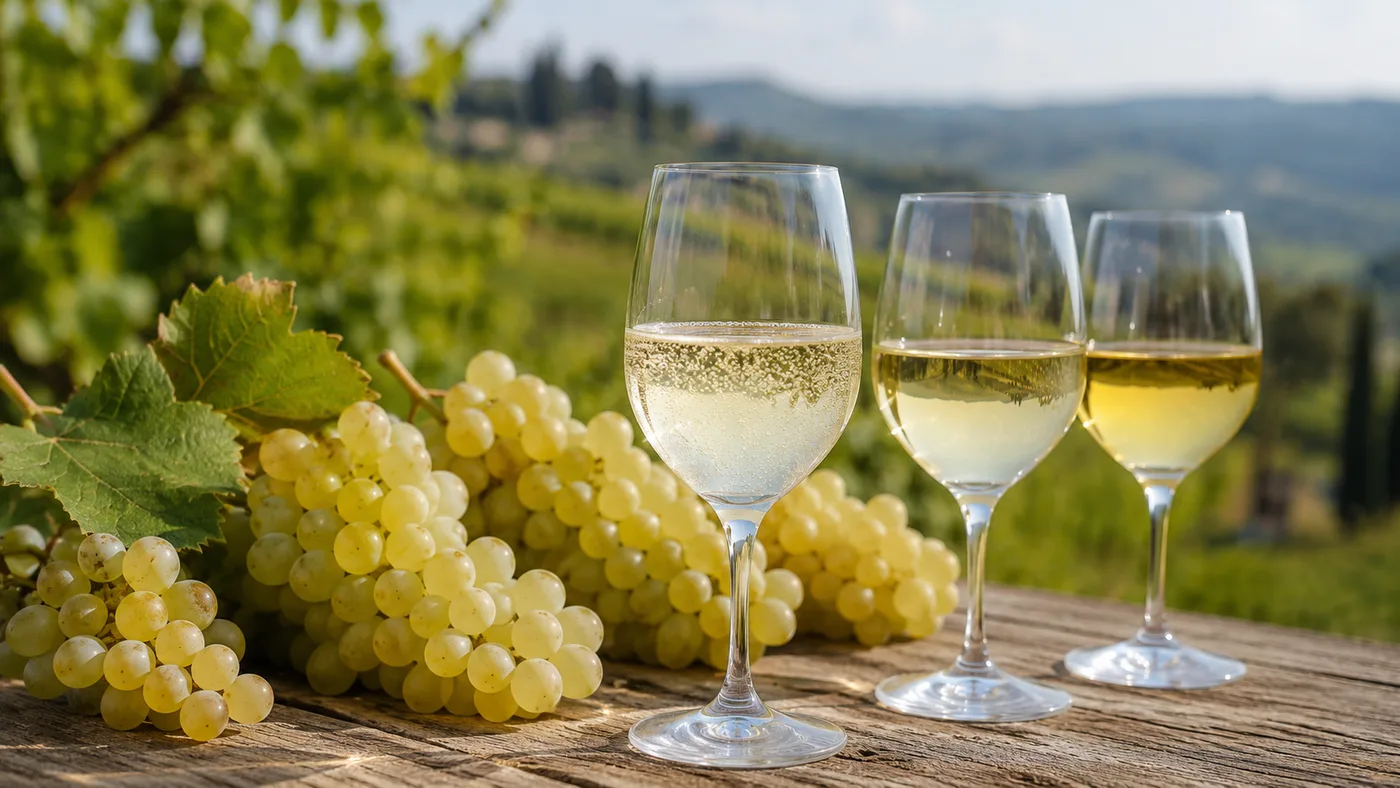 White grape clusters with glasses of Veneto white wine in a vineyard setting