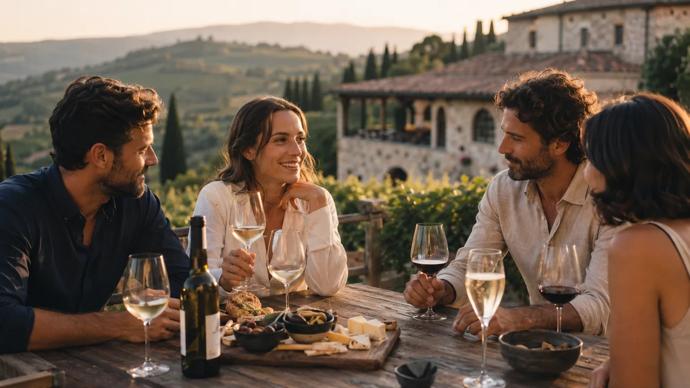 Friends enjoying a relaxed Veneto wine tasting on a vineyard terrace