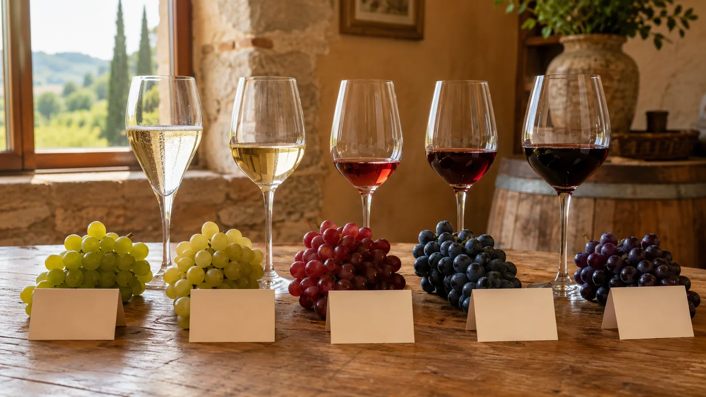 Different Veneto grape colors and wine styles arranged on a tasting table