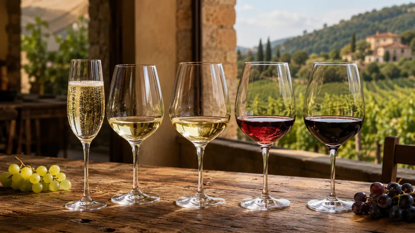 A tasting flight of Veneto wines showing sparkling, white, light red, and deep red styles