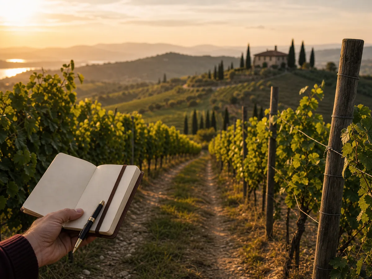 Notebook and wine glass in a Veneto vineyard for winery research and travel planning