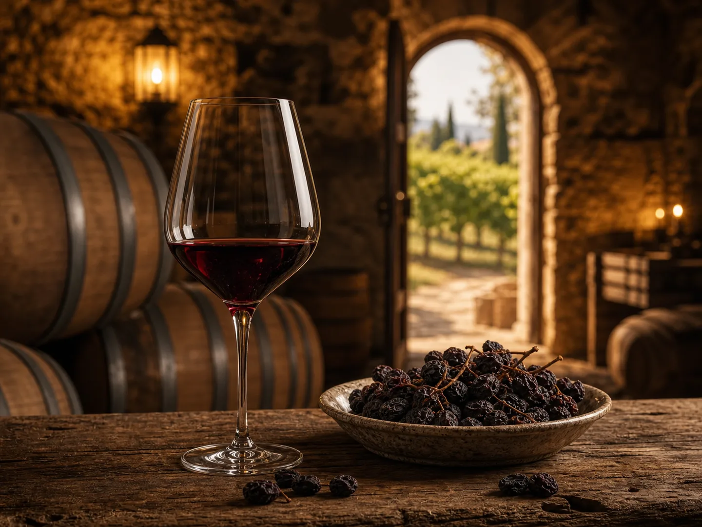 Valpolicella cellar with Amarone barrels and wine tasting setting