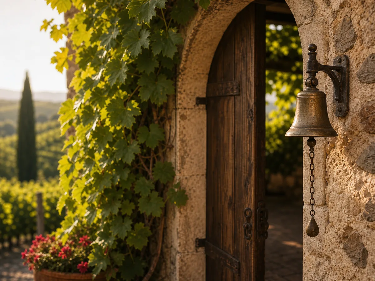 Old Veneto winery doorway with a brass bell and vine leaves