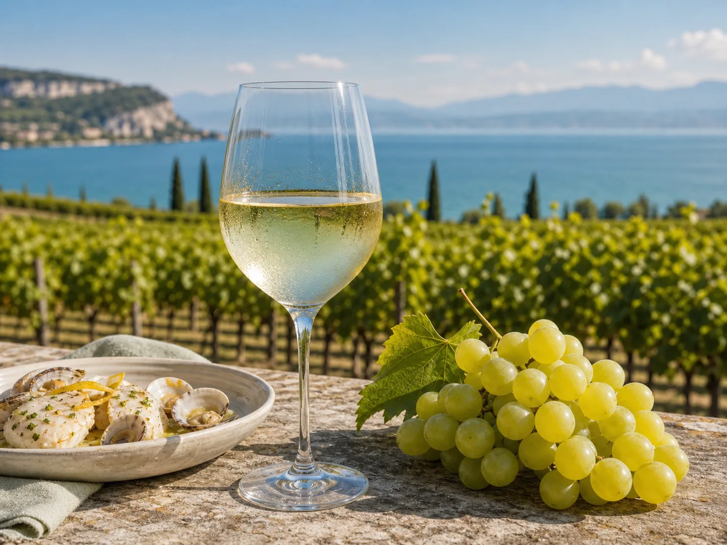Lugana white wine near Lake Garda with vineyard atmosphere