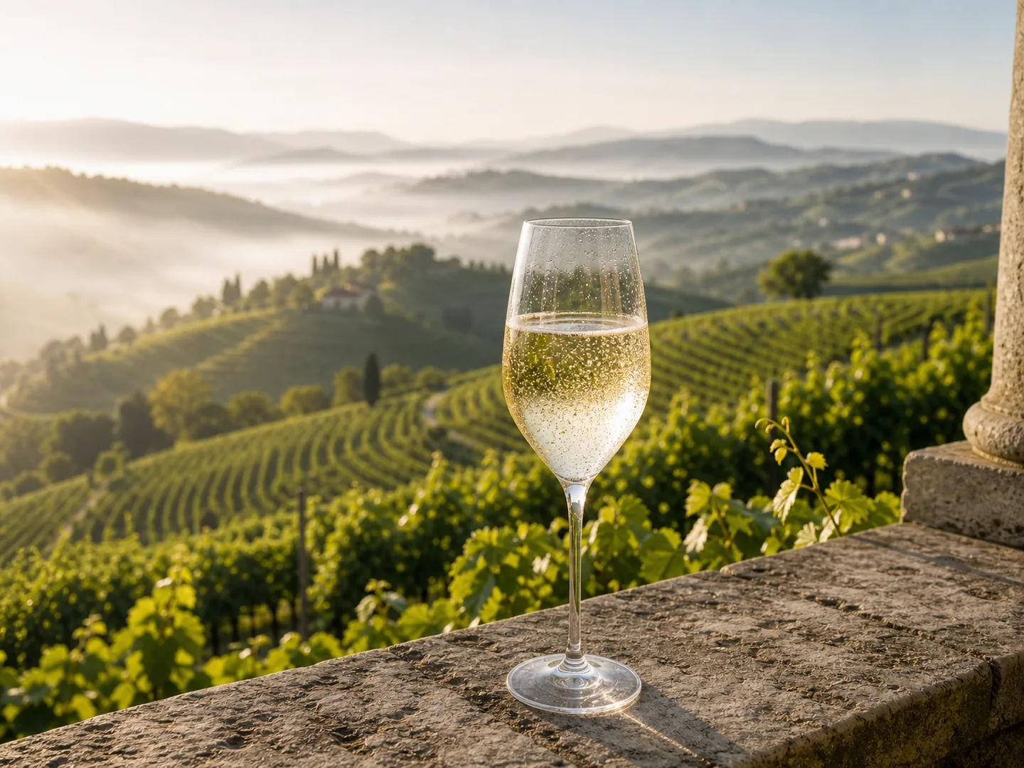 Glass of sparkling Prosecco overlooking vineyard hills in Veneto
