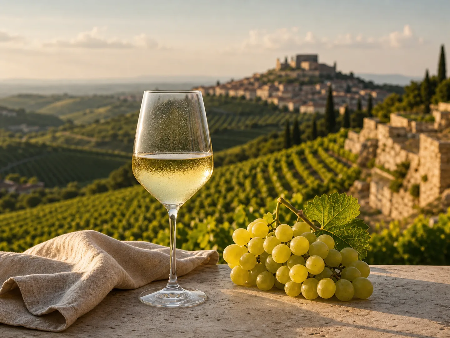 Glass of Soave-style white wine with grapes and Veneto vineyards in soft light