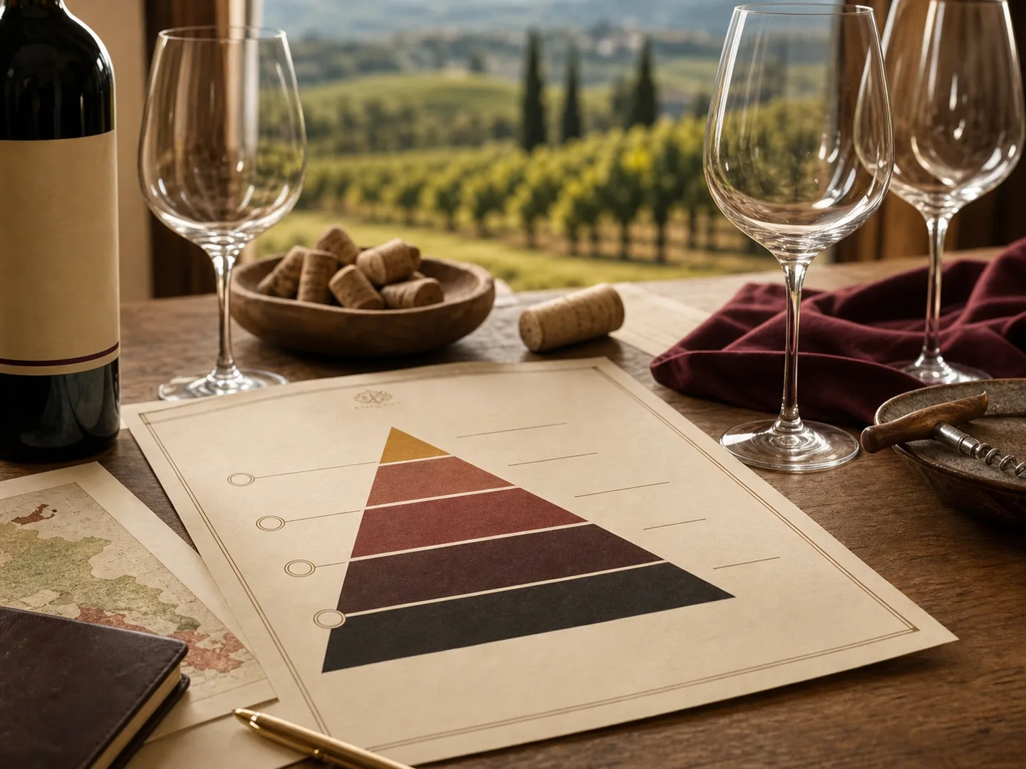 Wine classification study desk with glasses, corks, and blank tasting papers in warm light