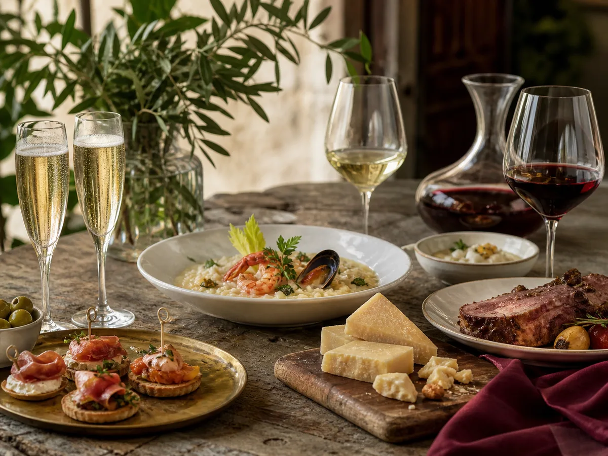 Veneto wine styles served with seafood risotto, cicchetti, cheese, and roast meat