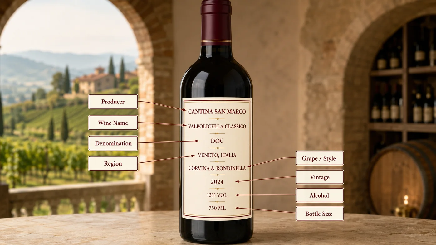 Annotated Veneto wine label explaining the important parts of the label