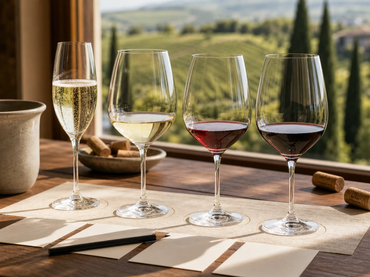 Veneto wine tasting flight with sparkling wine, white wine, light red wine, and deep red wine