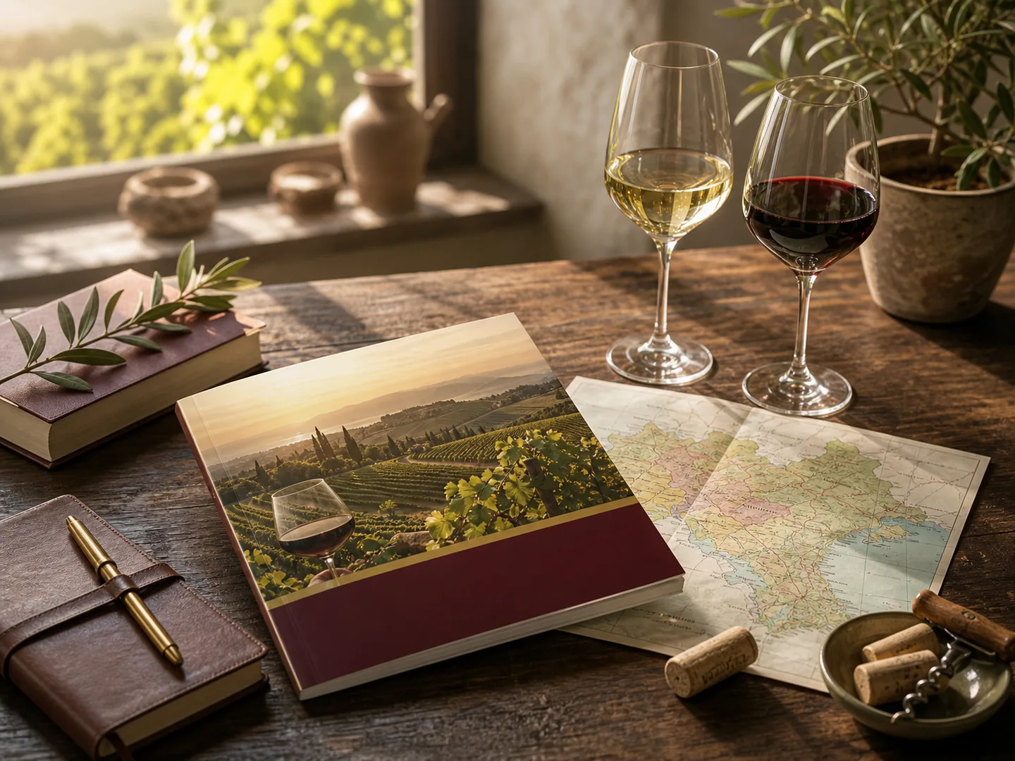 Veneto wine planning table with tasting glasses, map, corks, and a guide booklet