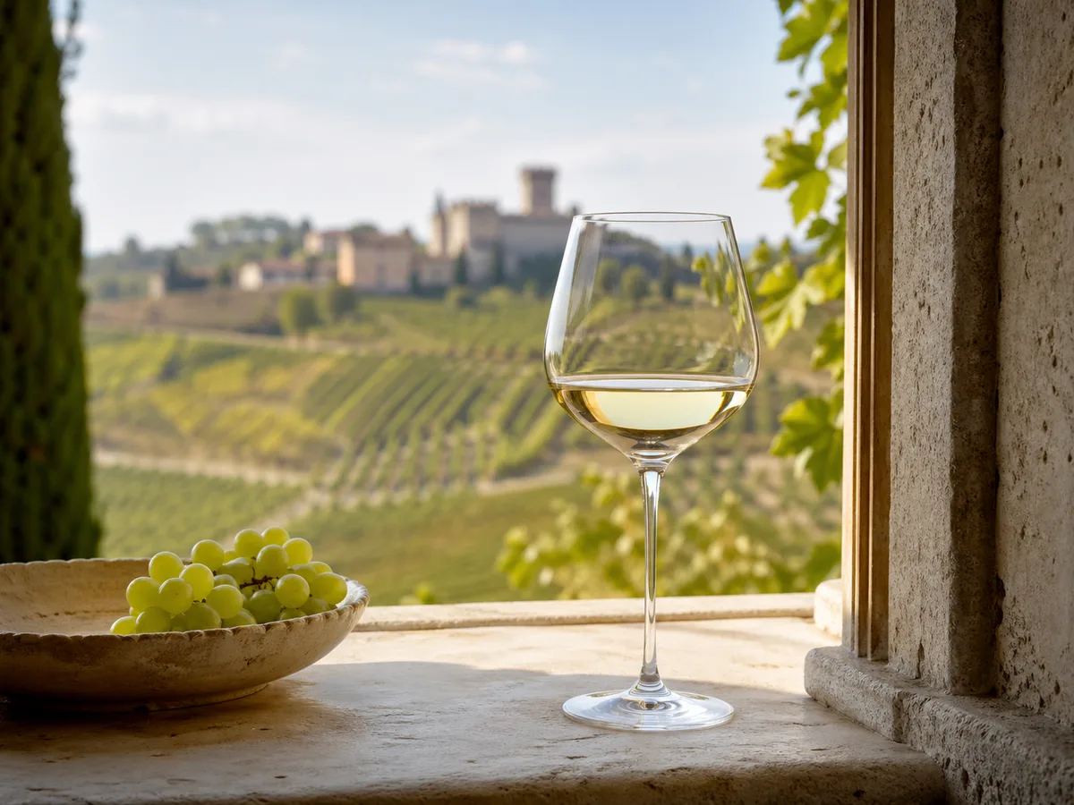 Soave Classico white wine and Veneto hillside vineyard scene