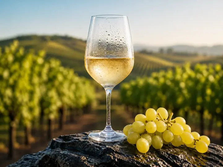 Glass of Soave Classico white wine with Veneto vineyards behind it
