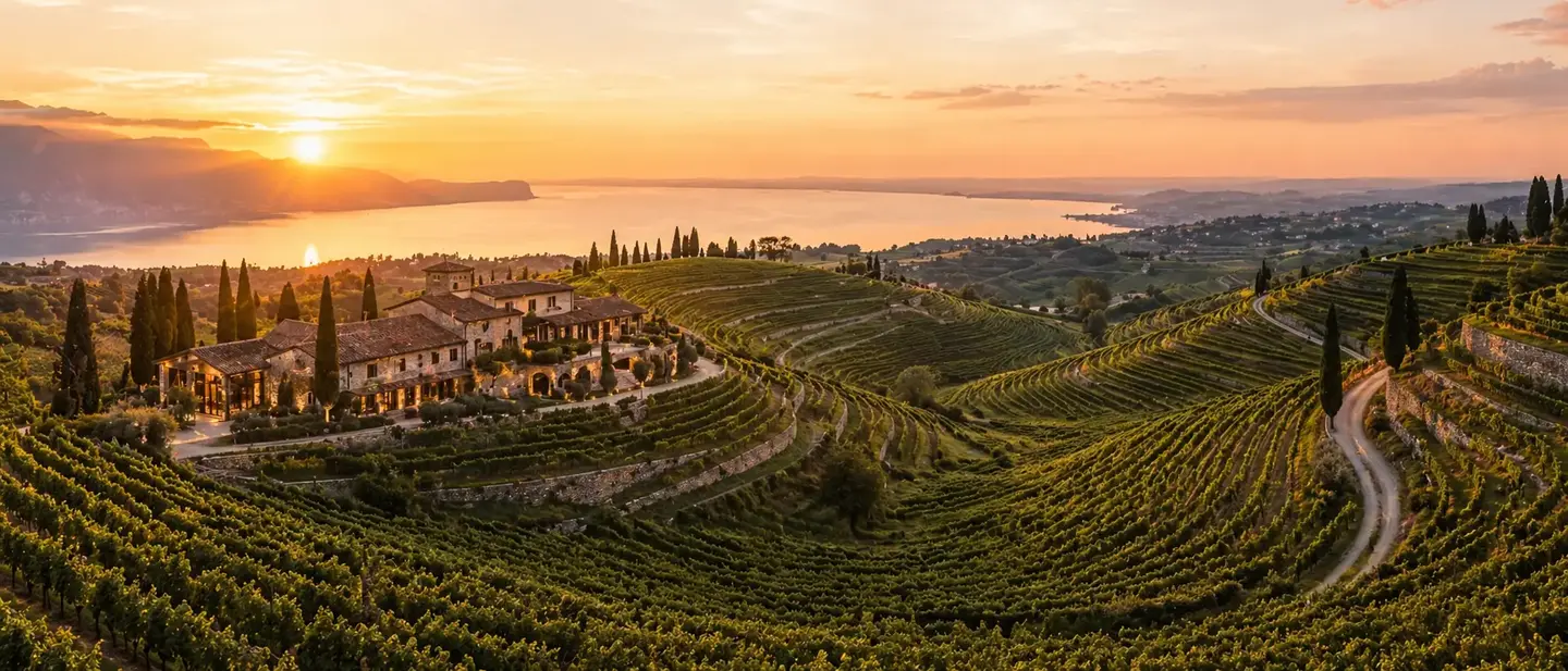 Lake Garda vineyards and hills in Veneto at sunset