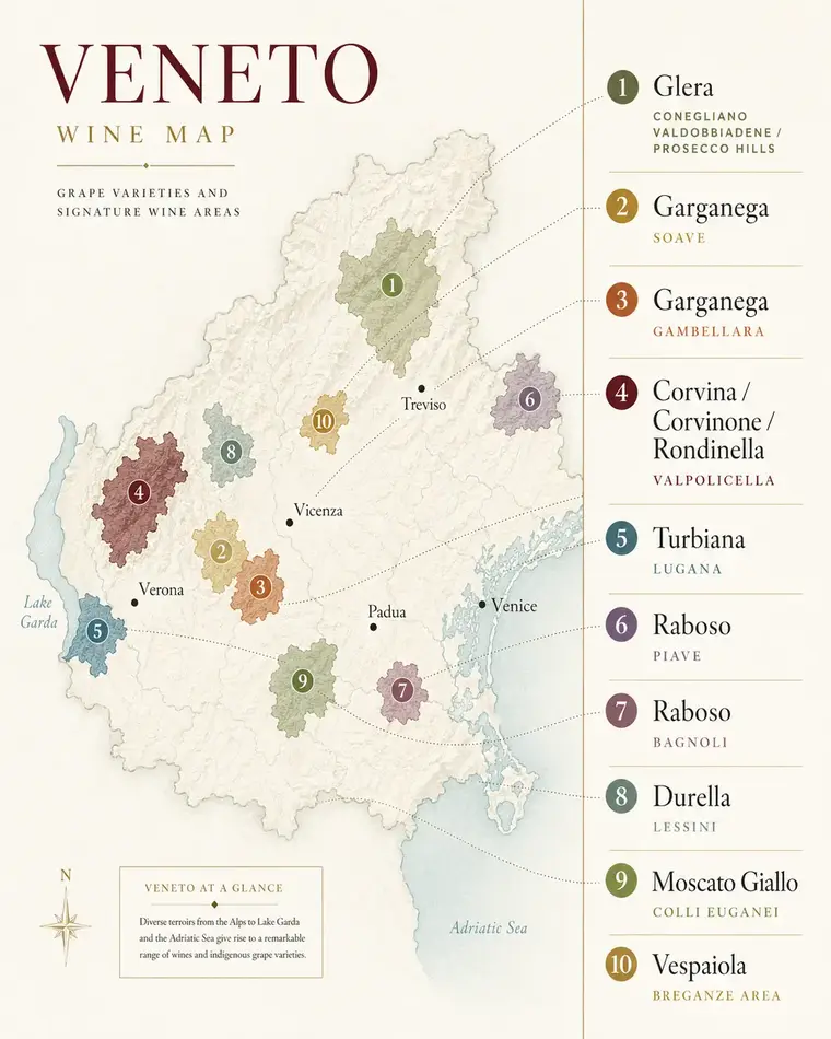 Illustrated map of Veneto wine regions including Valpolicella, Soave, and the Prosecco hills