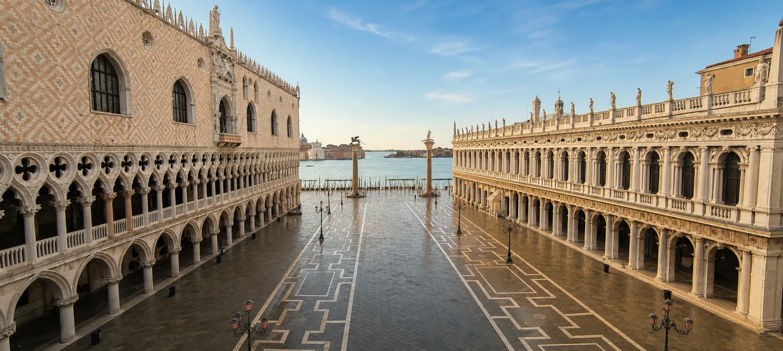 St. Mark's Square in Venice with the Doge's Palace, lagoon, and historic arcades