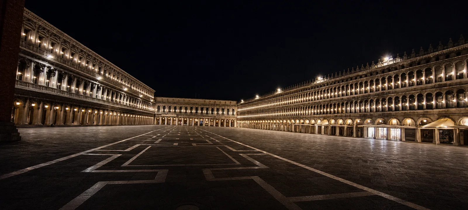 St. Mark's Square in Venice at night with illuminated arcades