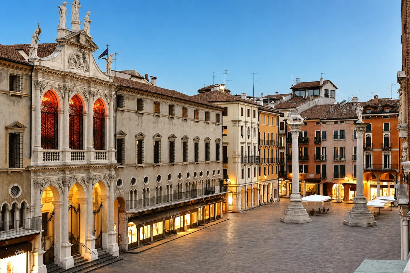 Piazza dei Signori in Vicenza at evening with historic palaces and columns